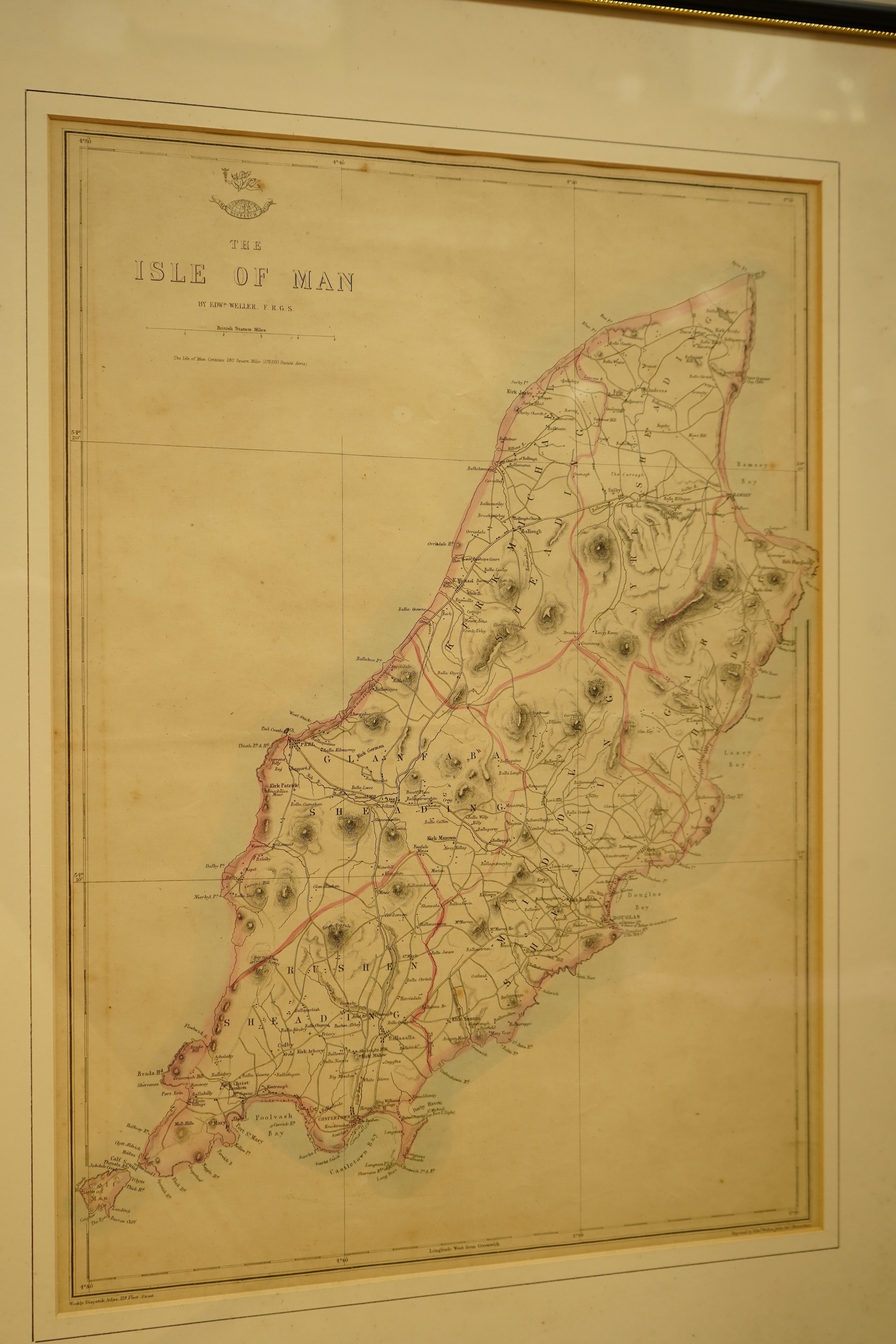 Three 19th century hand coloured maps of the Isle of Wight, a map of the Isle of Man by Edward Weller and a plan of Delhi and its environs, largest 31 x 44cm (5)